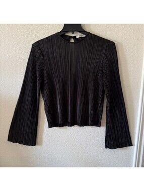 2 Hearts Black Plisse Long Sleeve Blouse Sz L Flare Sleeve Y2K Witchy Whimsigoth